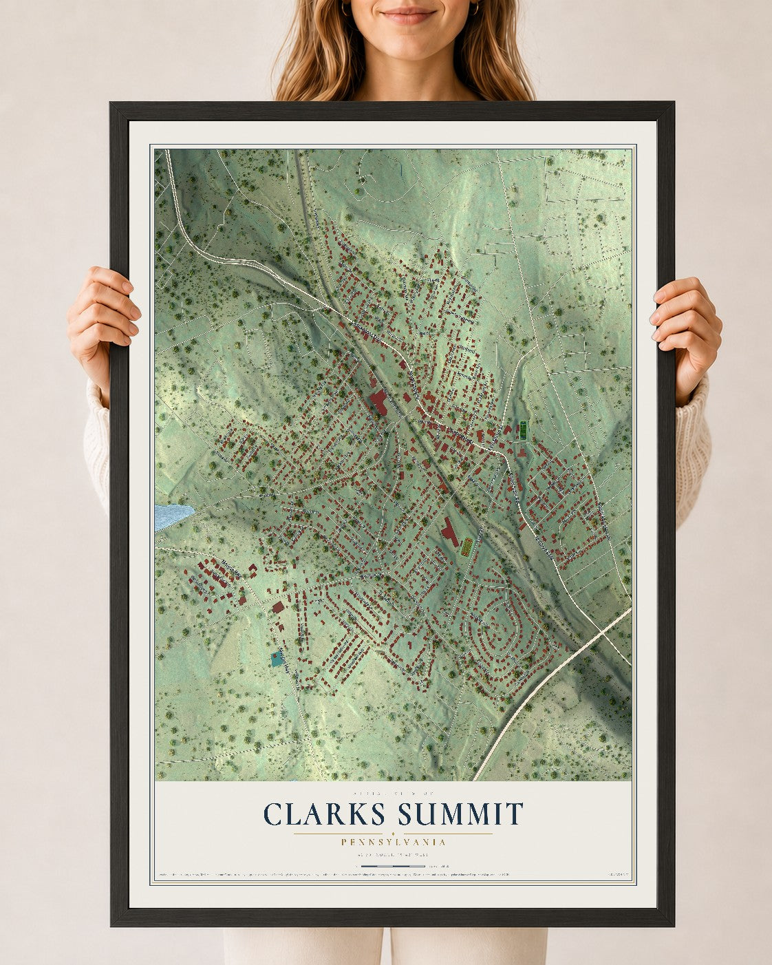 Map of Clarks Summit, Pennsylvania, 24 x 36 inch print in a black wood frame