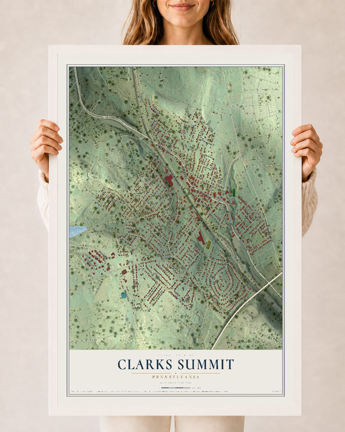 Map of Clarks Summit, Pennsylvania, 24 x 36 inch print in a white wood frame