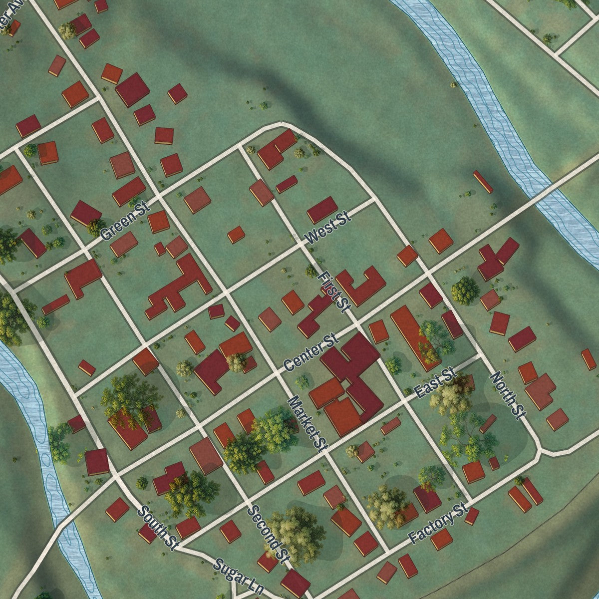 Close-up of the map of Clarksville, Pennsylvania print showing street and building detail