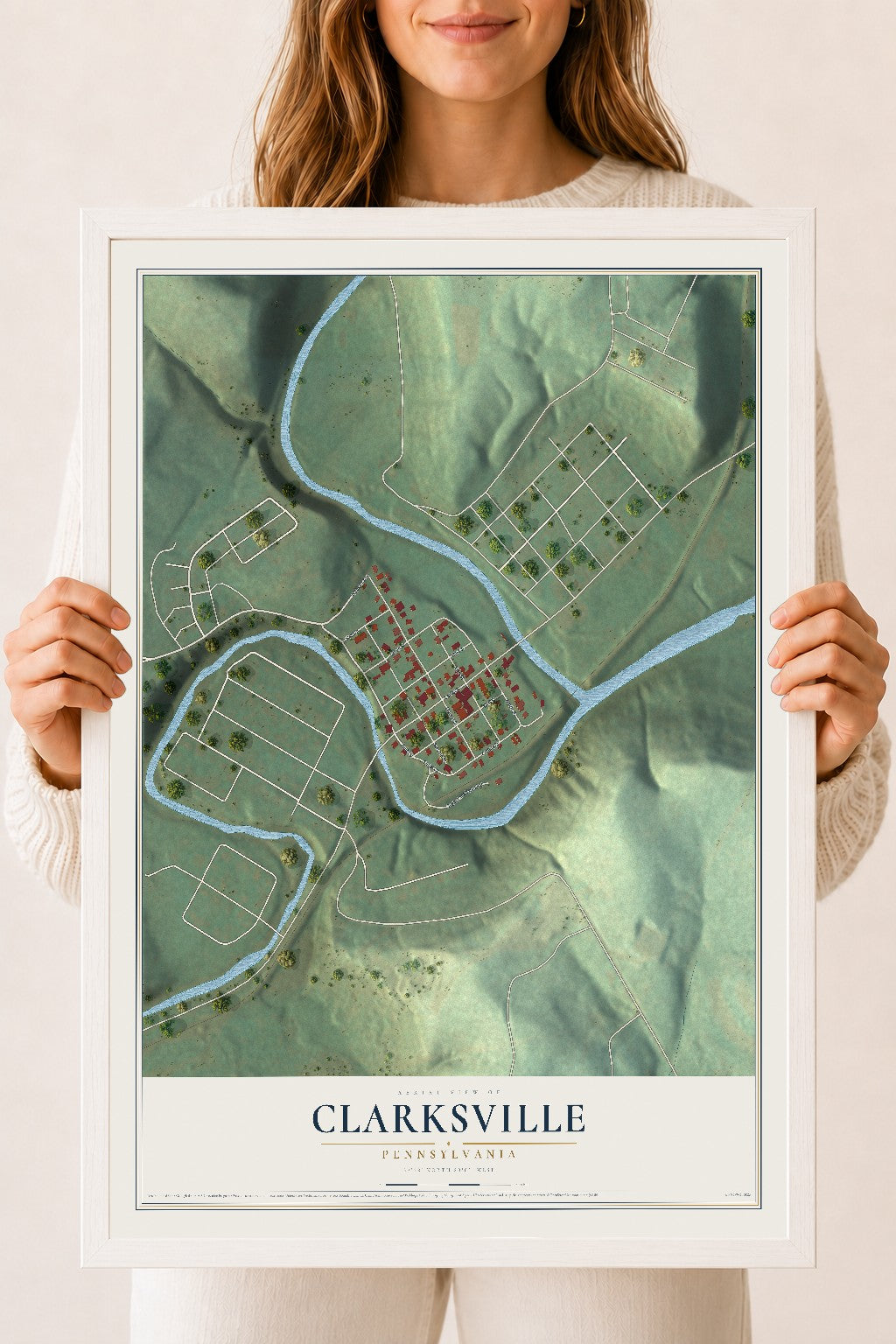 Map of Clarksville, Pennsylvania, 18 x 24 inch print in a white wood frame