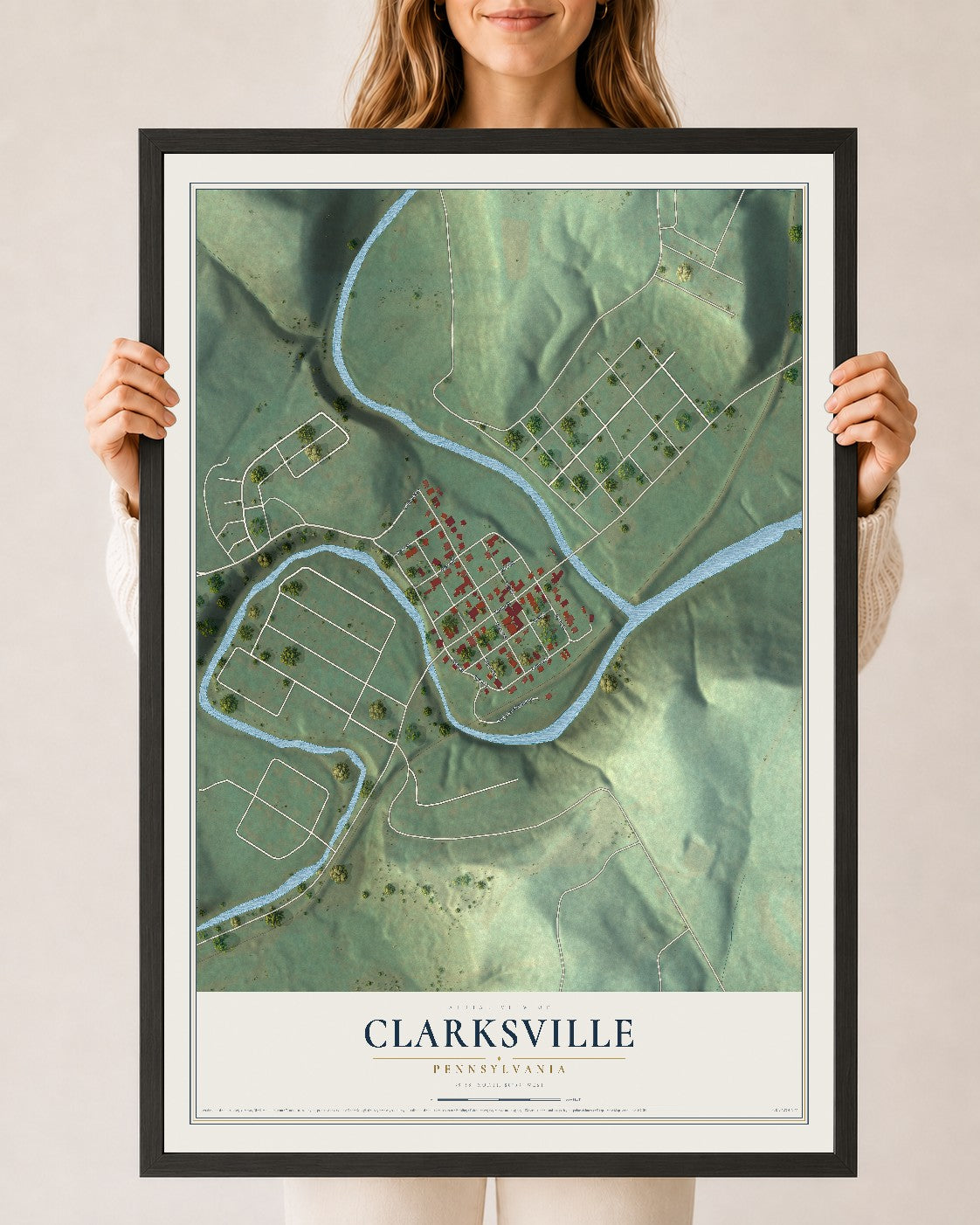 Map of Clarksville, Pennsylvania, 24 x 36 inch print in a black wood frame