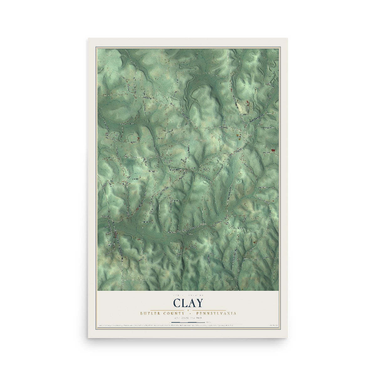 Map of Clay, Butler County, Pennsylvania, 12 x 18 inch unframed archival matte print