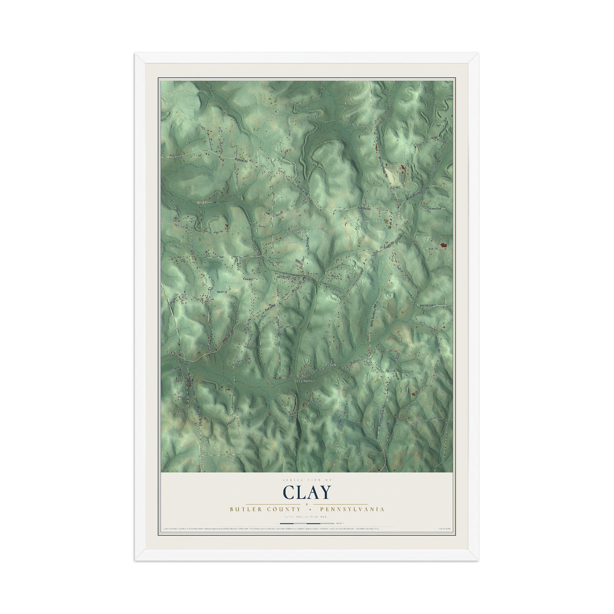 Map of Clay, Butler County, Pennsylvania, 12 x 18 inch print in a white wood frame