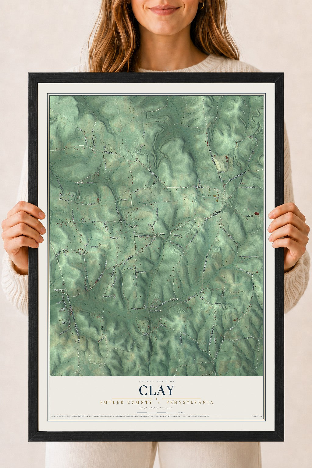 Map of Clay, Butler County, Pennsylvania, 18 x 24 inch print in a black wood frame