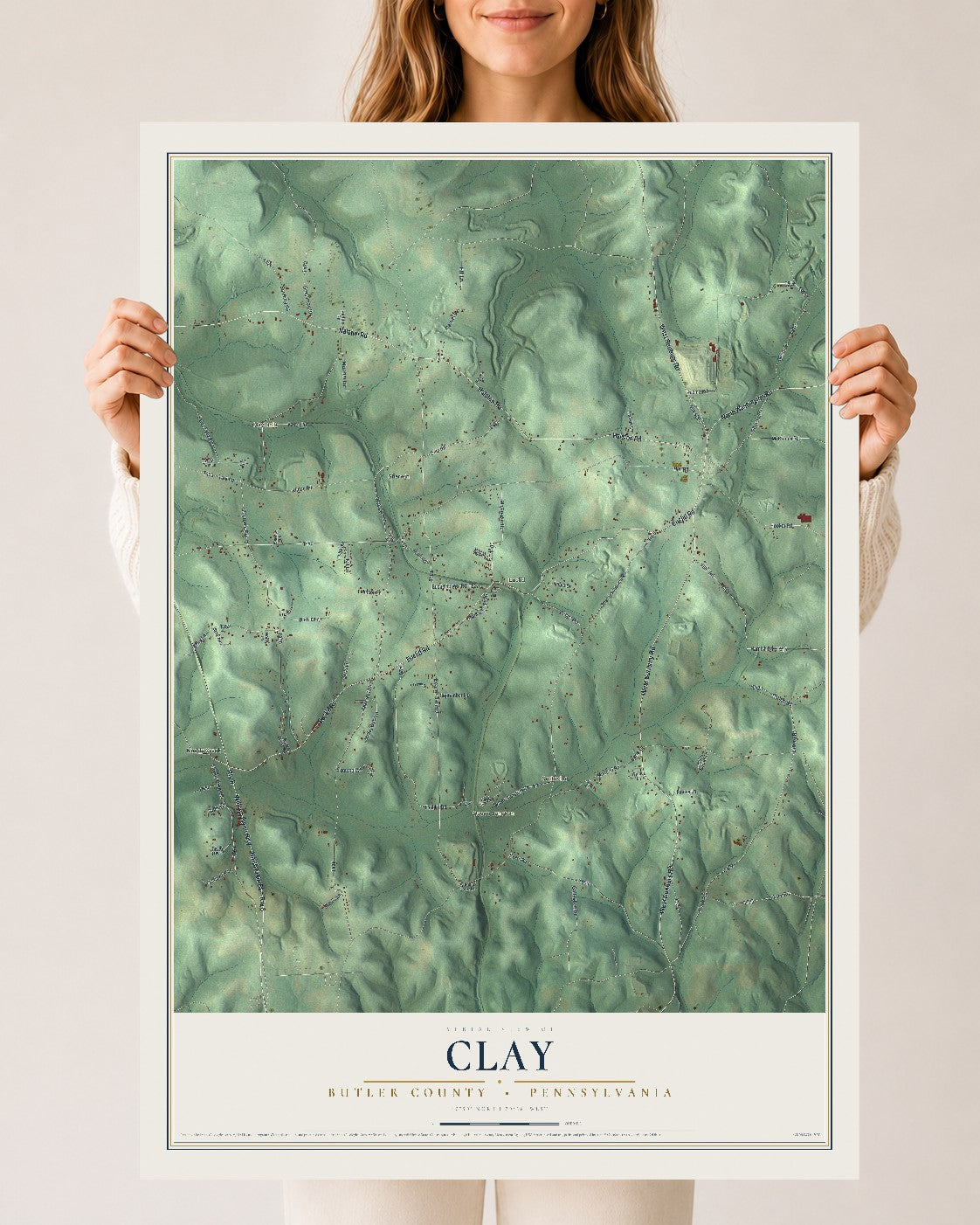 Map of Clay, Butler County, Pennsylvania, 24 x 36 inch unframed archival matte print