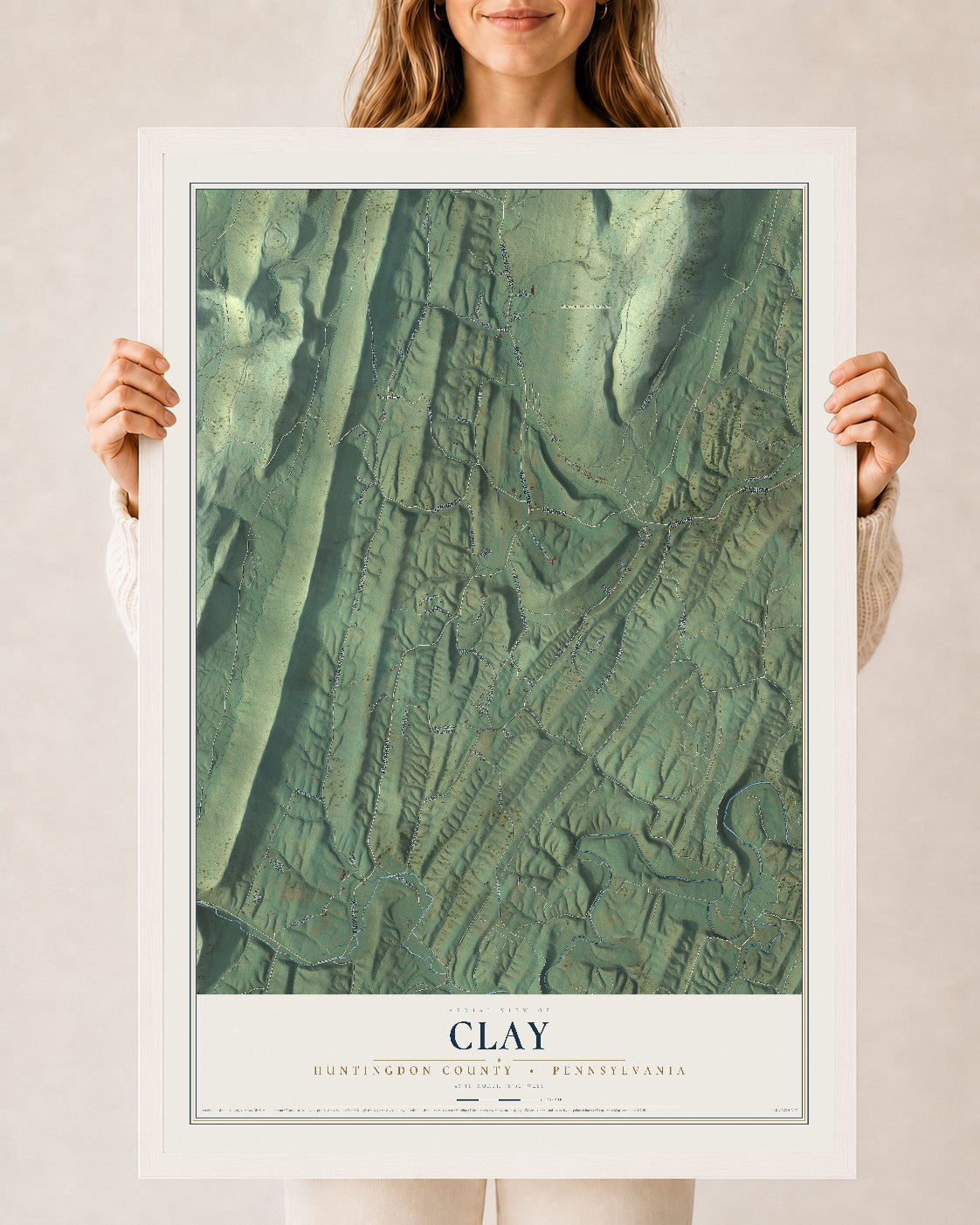 Map of Clay, Huntingdon County, Pennsylvania, 24 x 36 inch print in a white wood frame