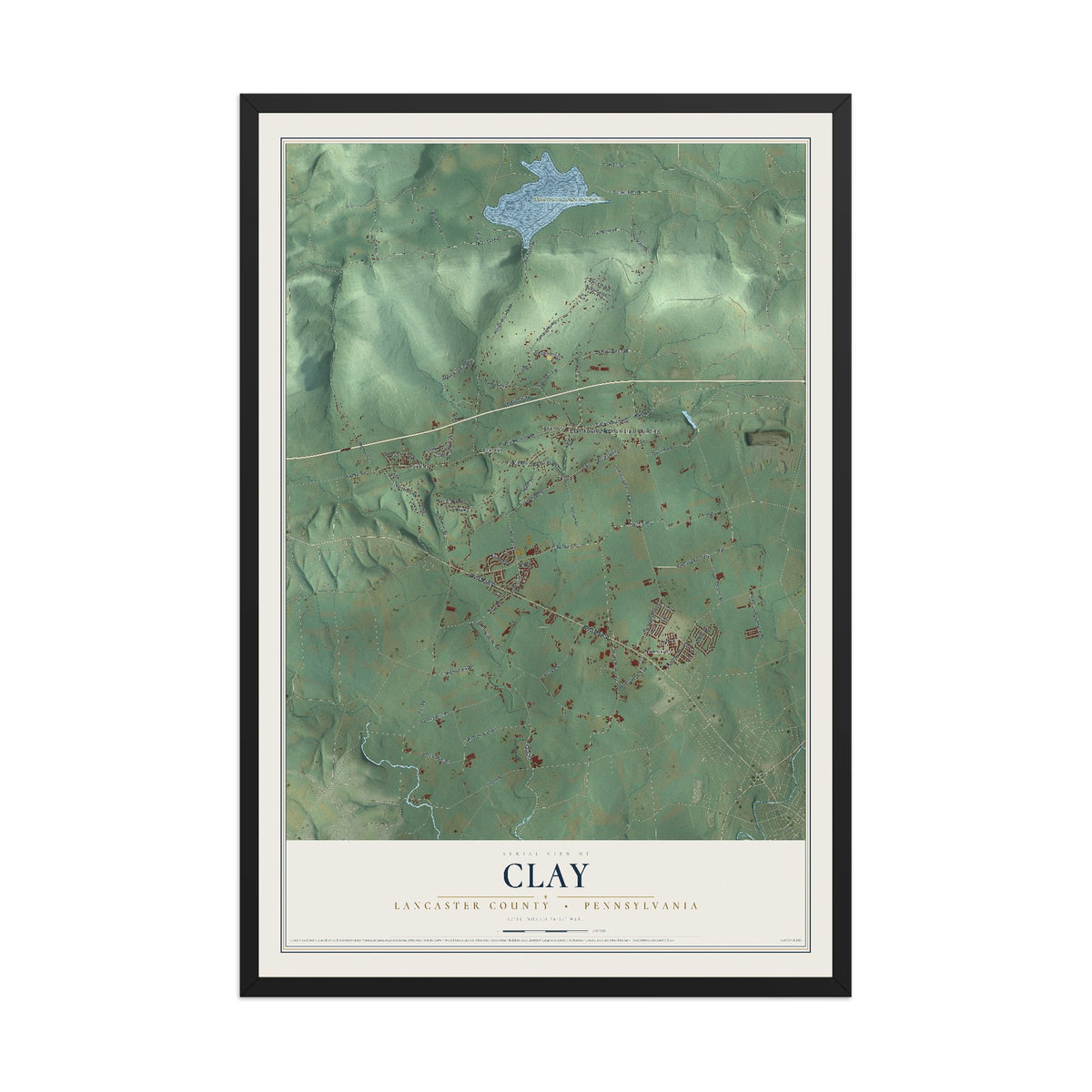 Map of Clay, Lancaster County, Pennsylvania, 12 x 18 inch print in a black wood frame