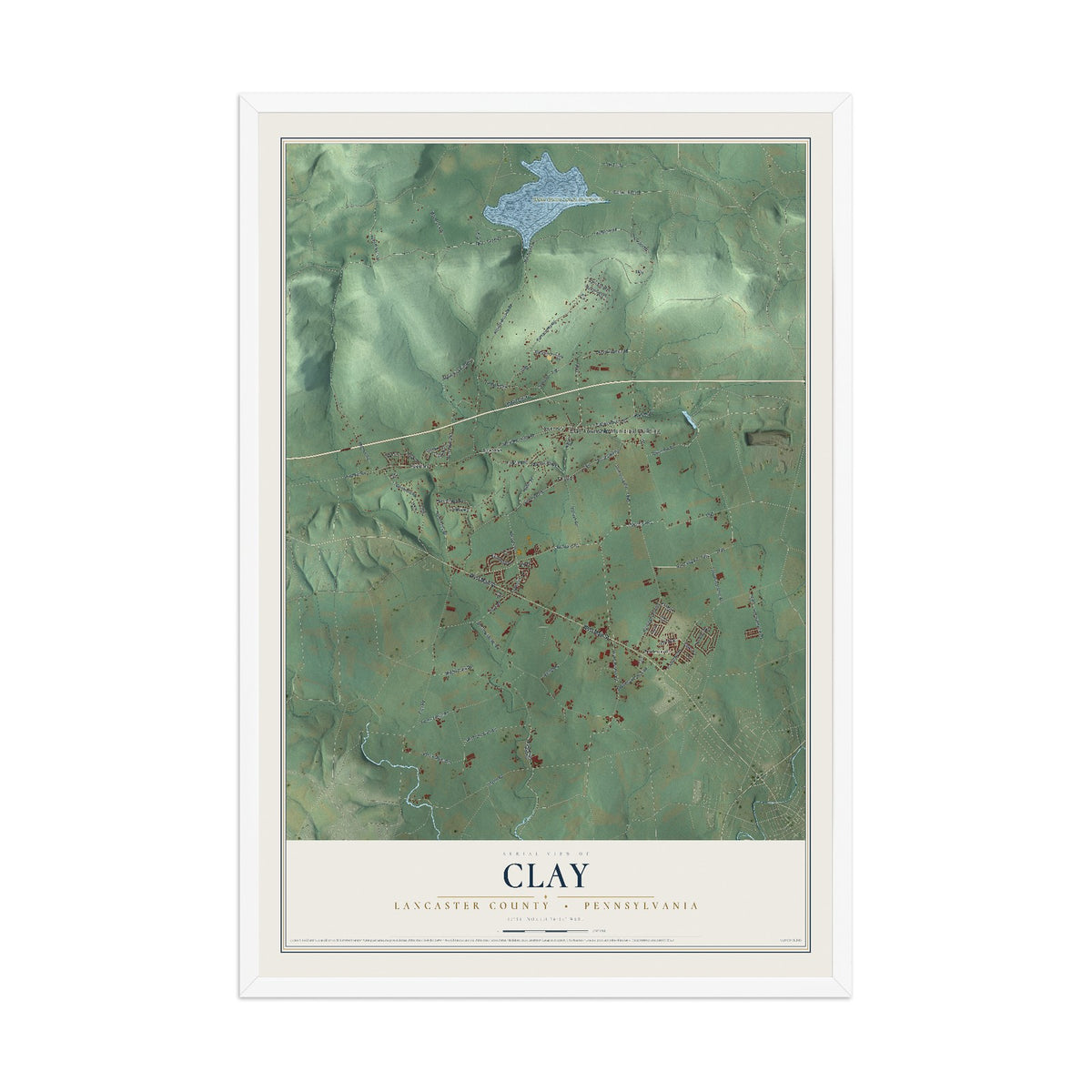 Map of Clay, Lancaster County, Pennsylvania, 12 x 18 inch print in a white wood frame