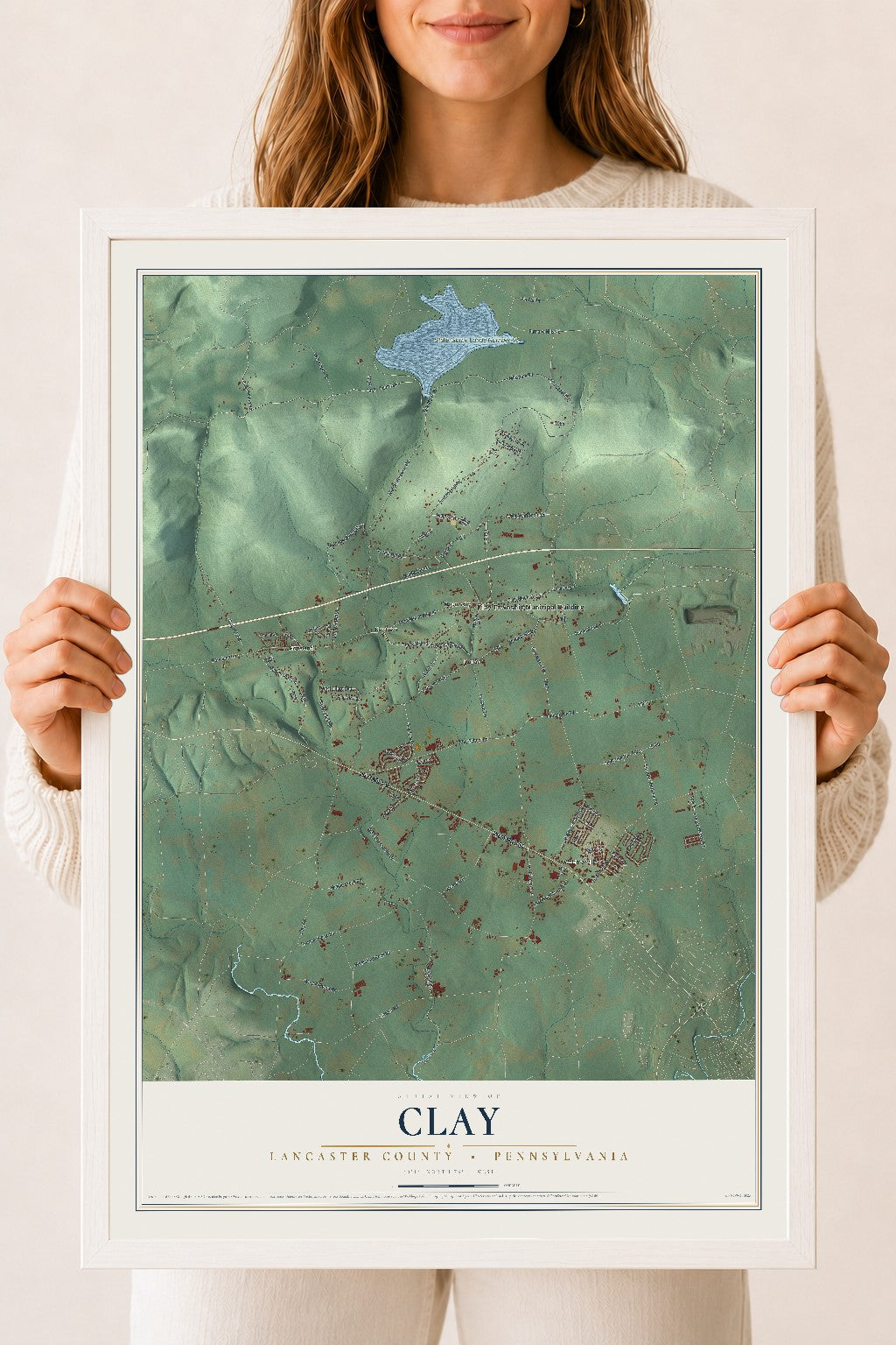 Map of Clay, Lancaster County, Pennsylvania, 18 x 24 inch print in a white wood frame