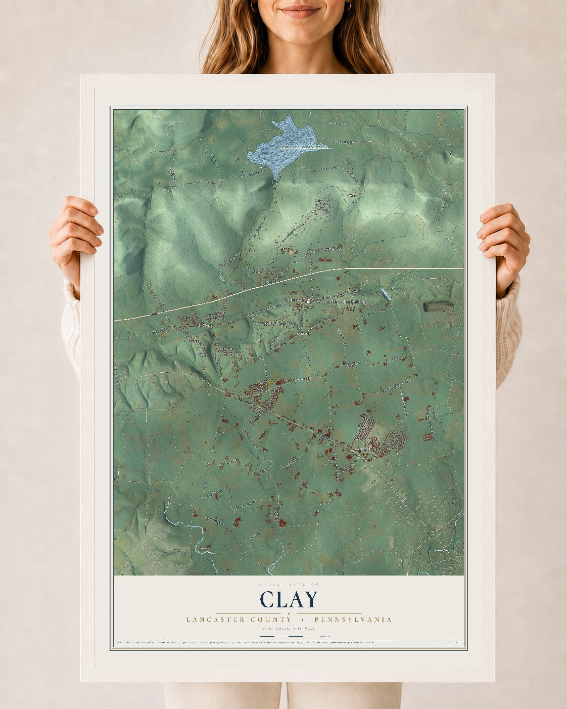 Map of Clay, Lancaster County, Pennsylvania, 24 x 36 inch print in a white wood frame