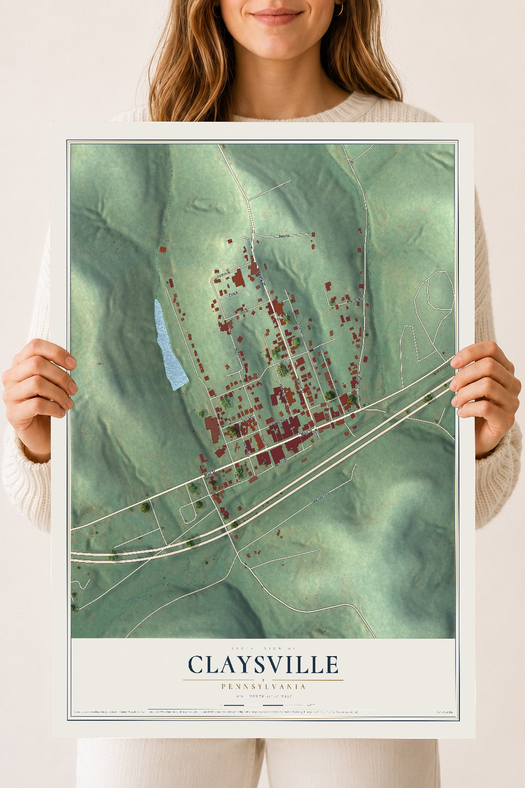 Map of Claysville, Pennsylvania, 18 x 24 inch unframed archival matte print