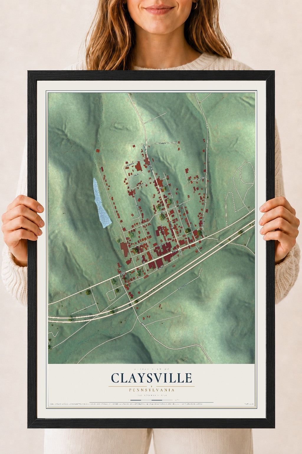 Map of Claysville, Pennsylvania, 18 x 24 inch print in a black wood frame