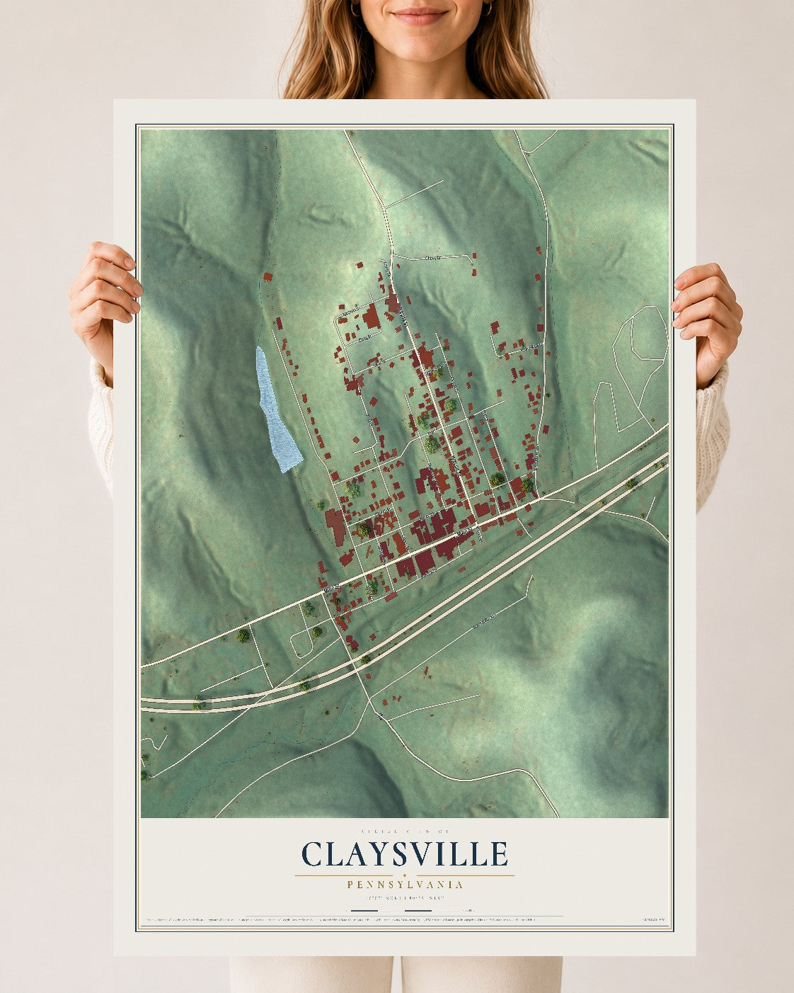 Map of Claysville, Pennsylvania, 24 x 36 inch unframed archival matte print