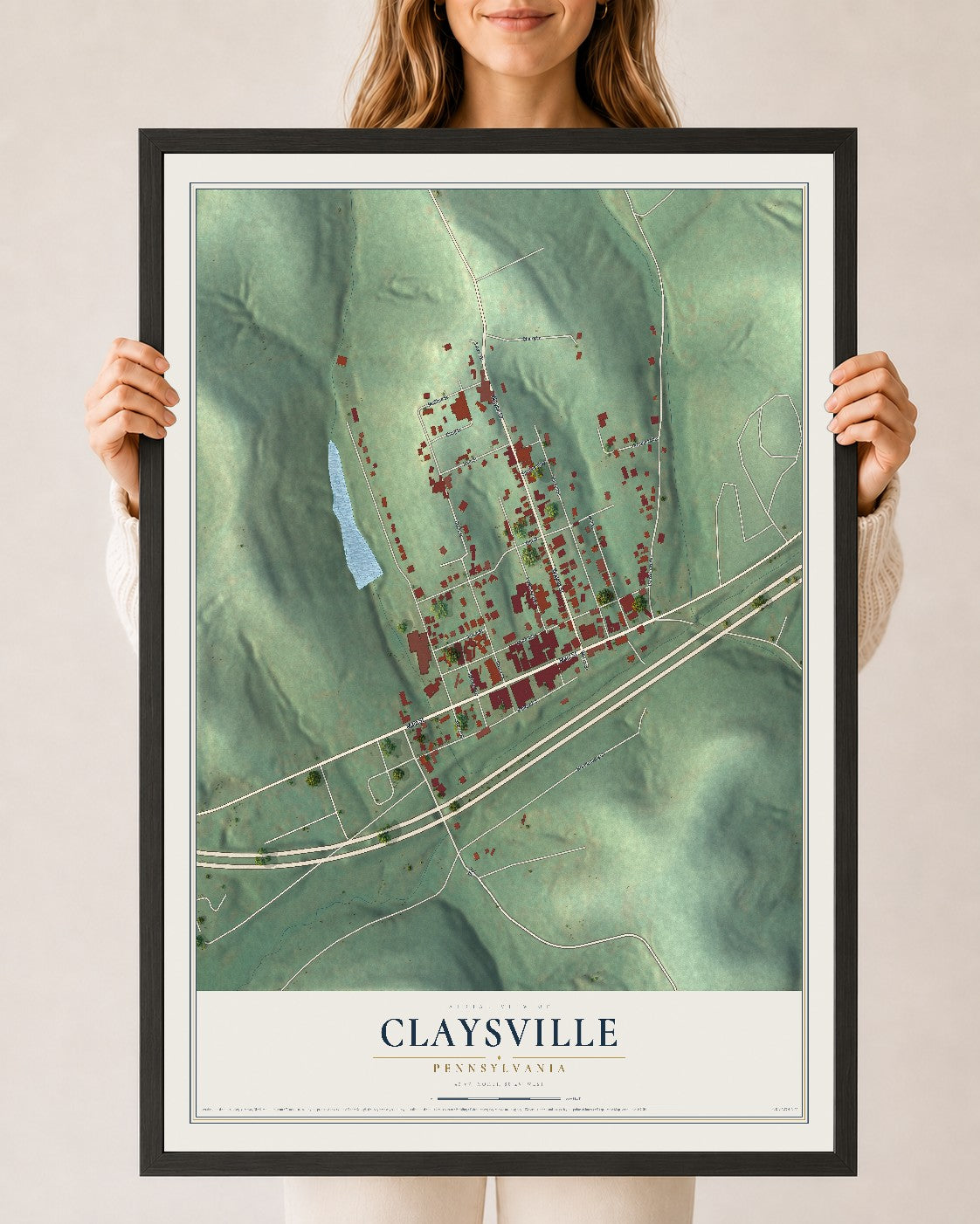 Map of Claysville, Pennsylvania, 24 x 36 inch print in a black wood frame