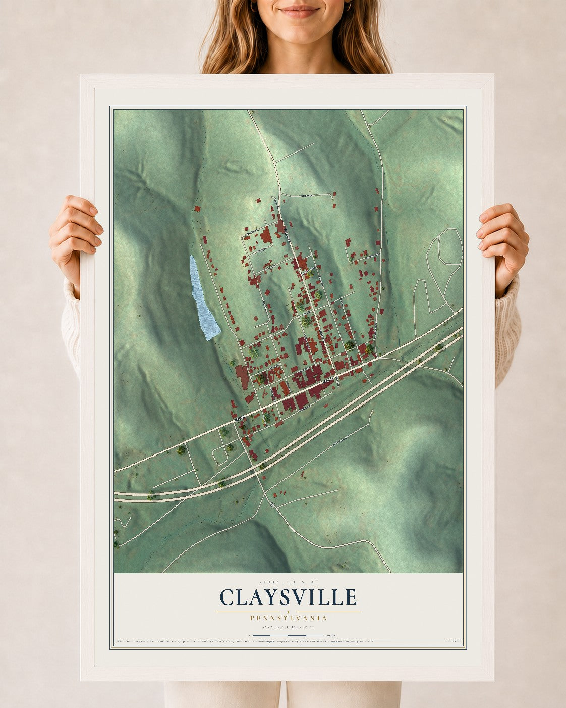 Map of Claysville, Pennsylvania, 24 x 36 inch print in a white wood frame
