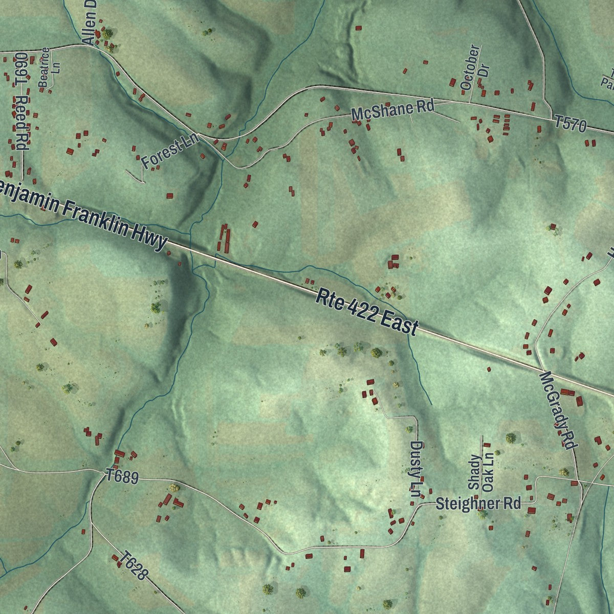Second close-up of the map of Clearfield, Butler County, Pennsylvania print showing more streets and buildings