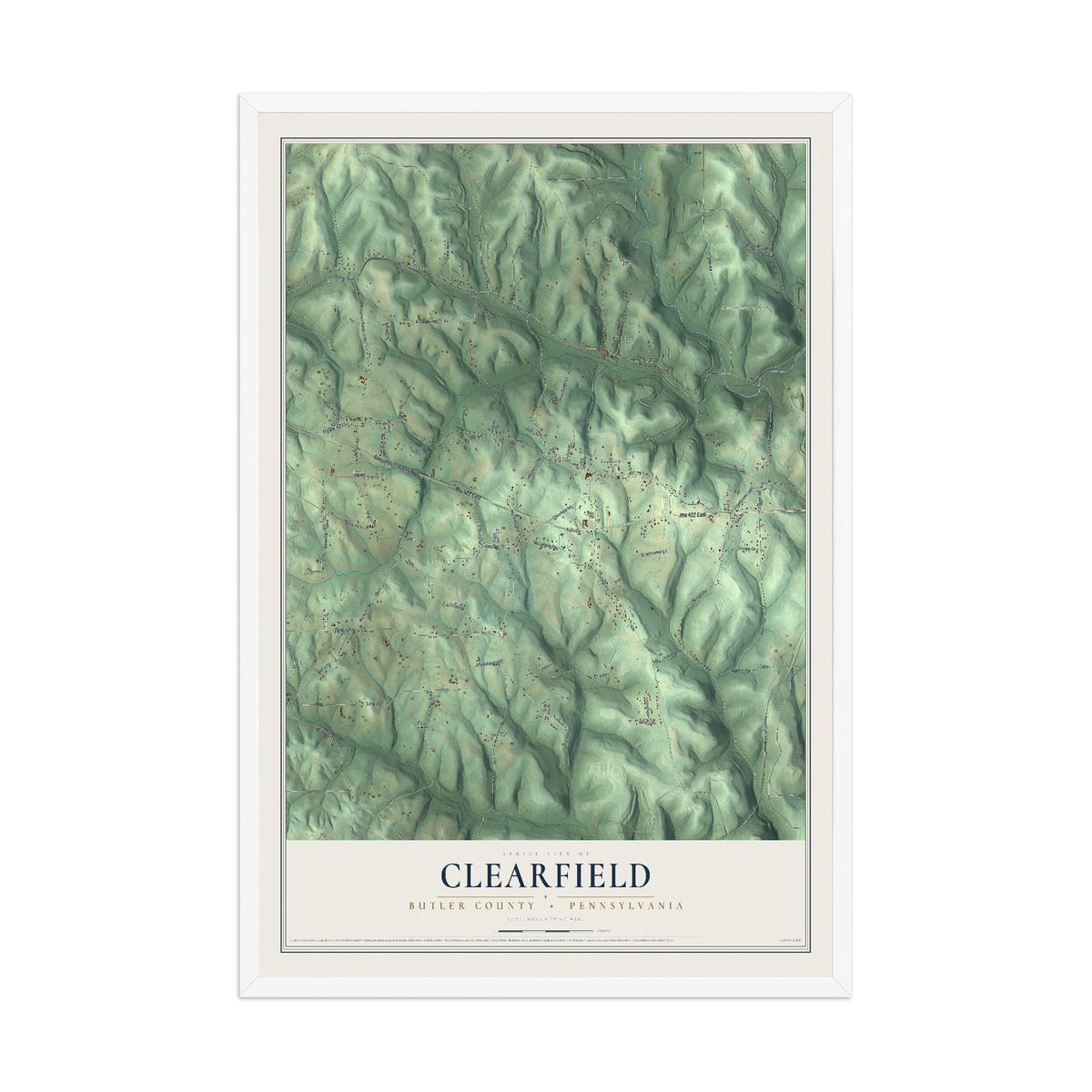 Map of Clearfield, Butler County, Pennsylvania, 12 x 18 inch print in a white wood frame