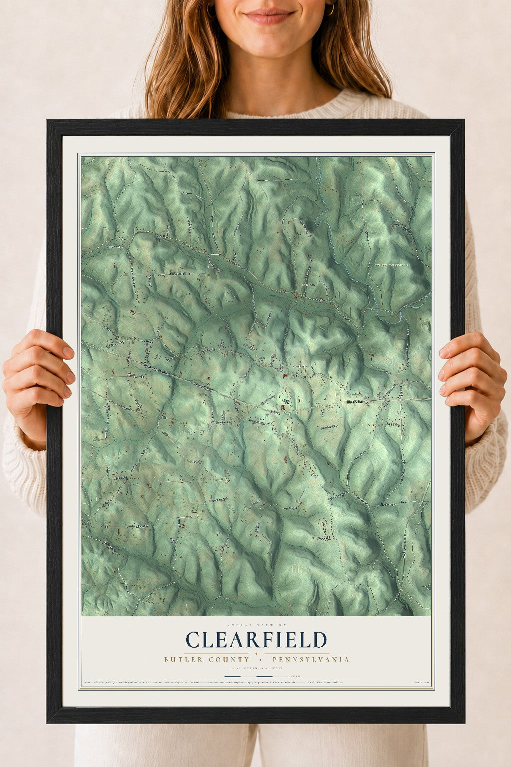 Map of Clearfield, Butler County, Pennsylvania, 18 x 24 inch print in a black wood frame