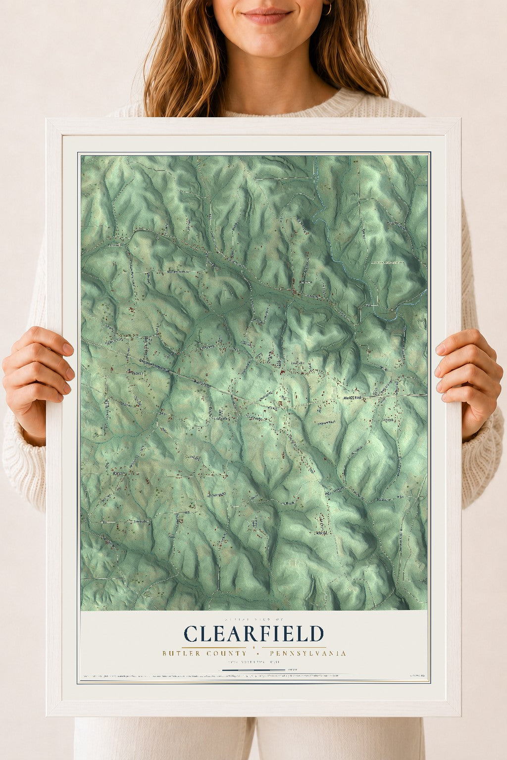 Map of Clearfield, Butler County, Pennsylvania, 18 x 24 inch print in a white wood frame