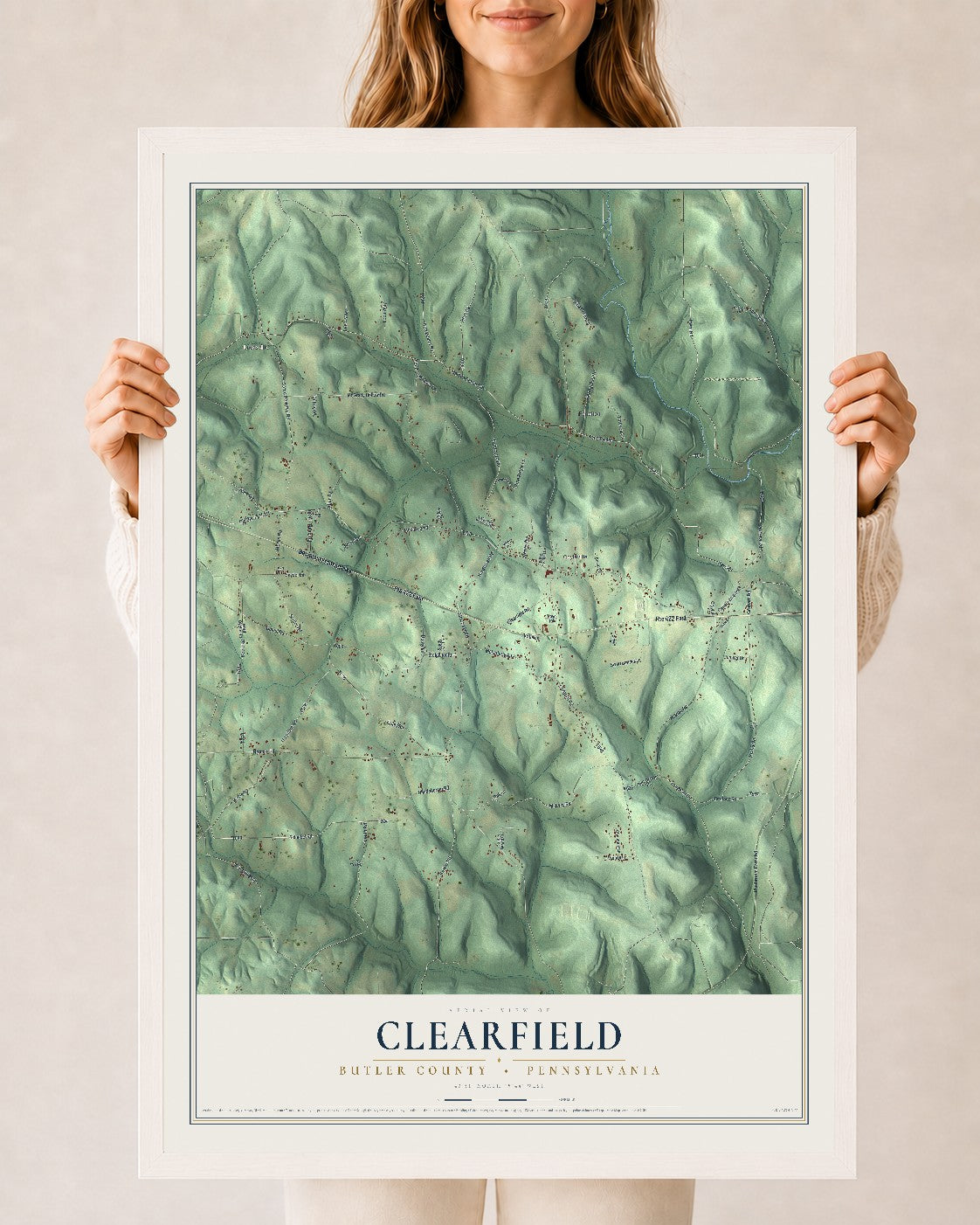 Map of Clearfield, Butler County, Pennsylvania, 24 x 36 inch print in a white wood frame