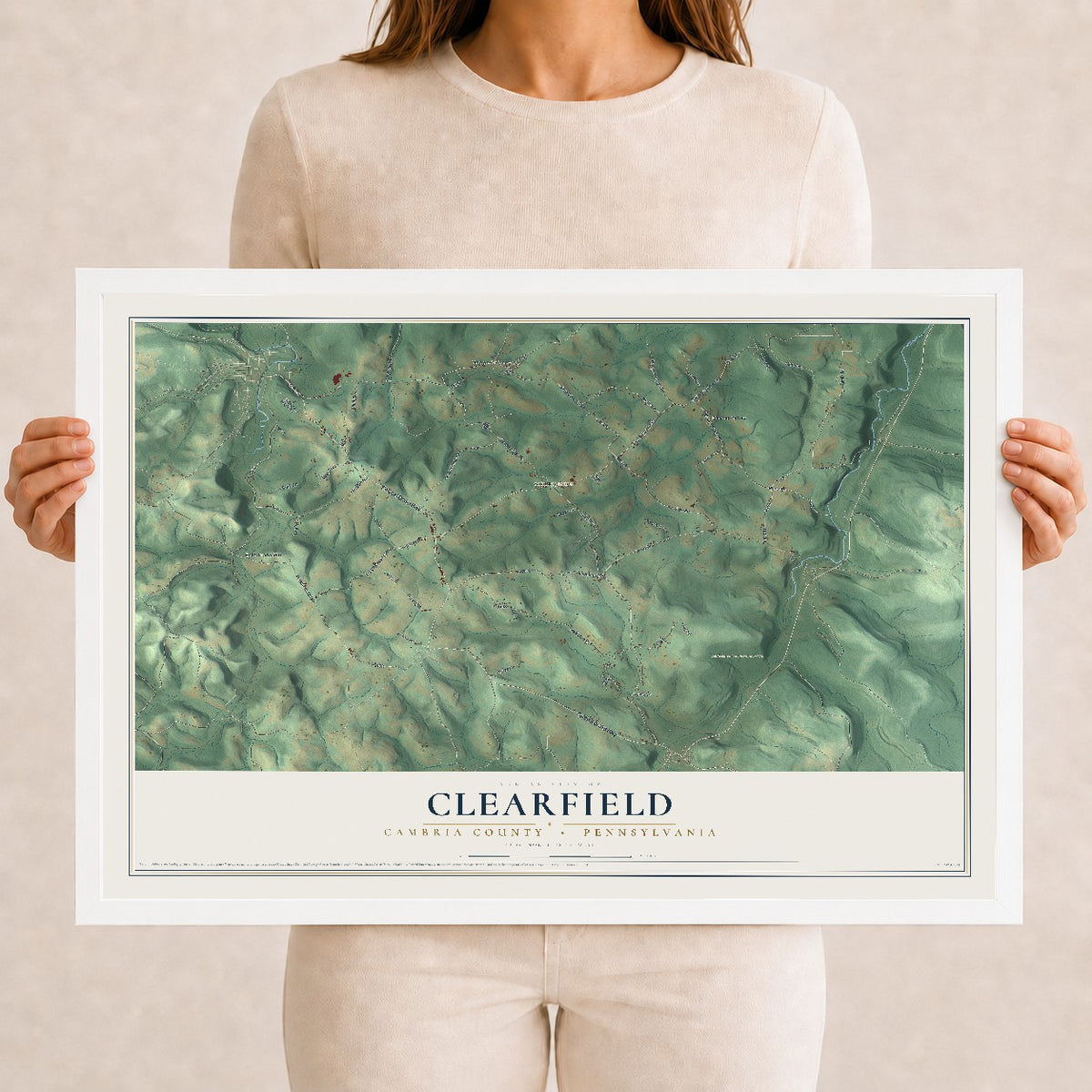 Map of Clearfield, Cambria County, Pennsylvania, 12 x 18 inch print in a white wood frame