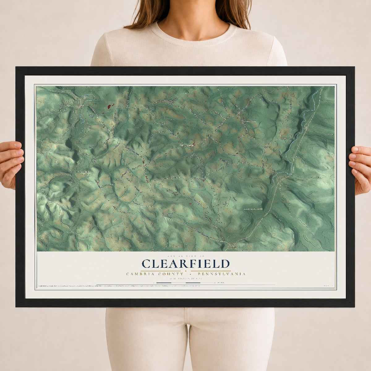 Map of Clearfield, Cambria County, Pennsylvania, 18 x 24 inch print in a black wood frame