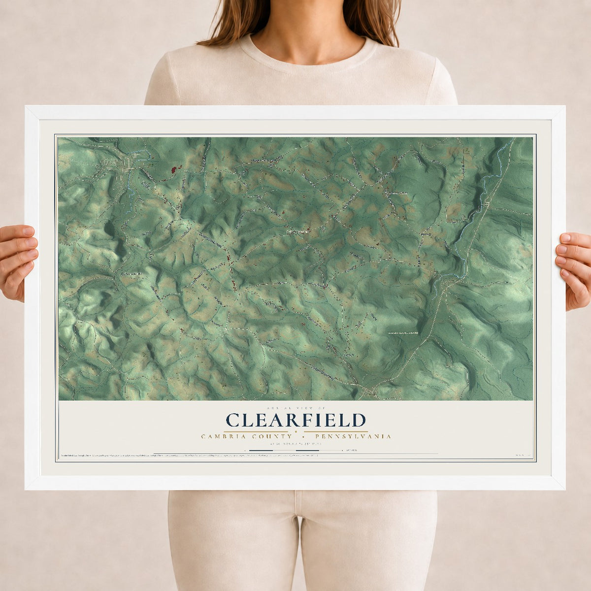 Map of Clearfield, Cambria County, Pennsylvania, 18 x 24 inch print in a white wood frame