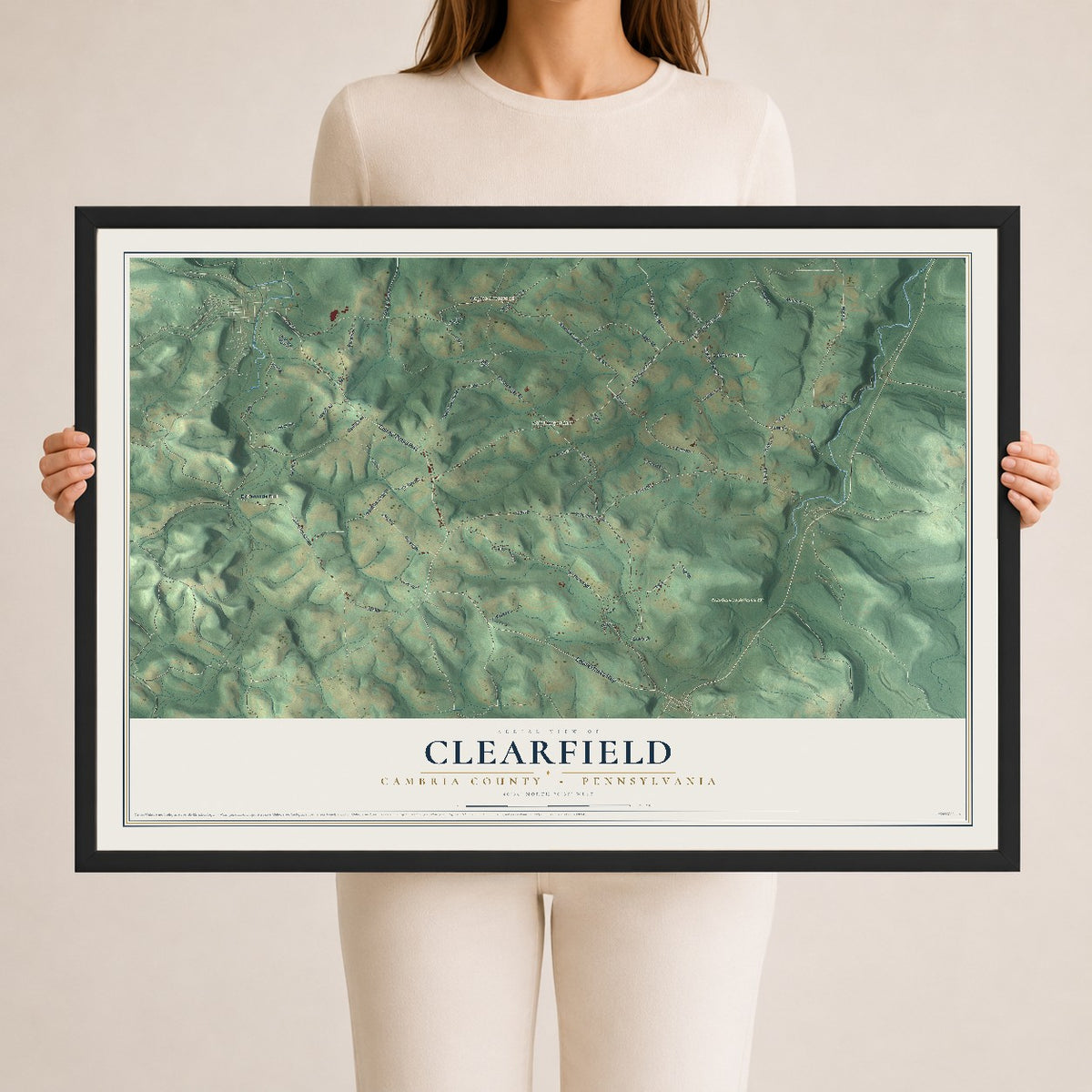 Map of Clearfield, Cambria County, Pennsylvania, 24 x 36 inch print in a black wood frame