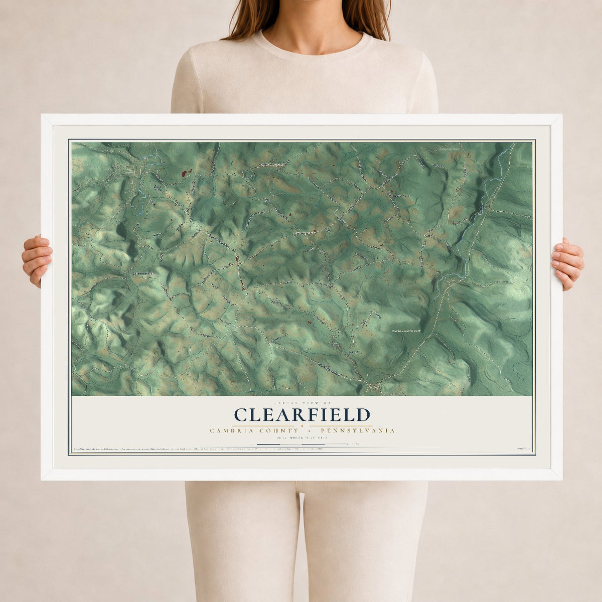 Map of Clearfield, Cambria County, Pennsylvania, 24 x 36 inch print in a white wood frame