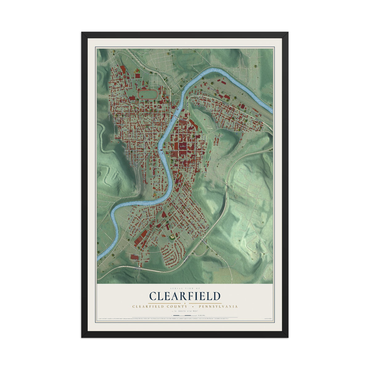 Map of Clearfield, Clearfield County, Pennsylvania, 12 x 18 inch print in a black wood frame