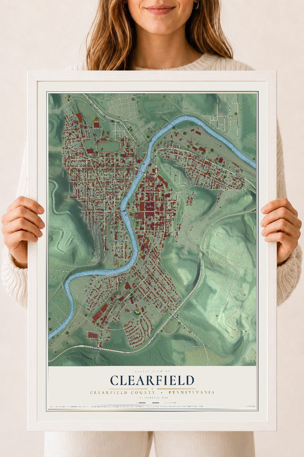 Map of Clearfield, Clearfield County, Pennsylvania, 18 x 24 inch print in a white wood frame
