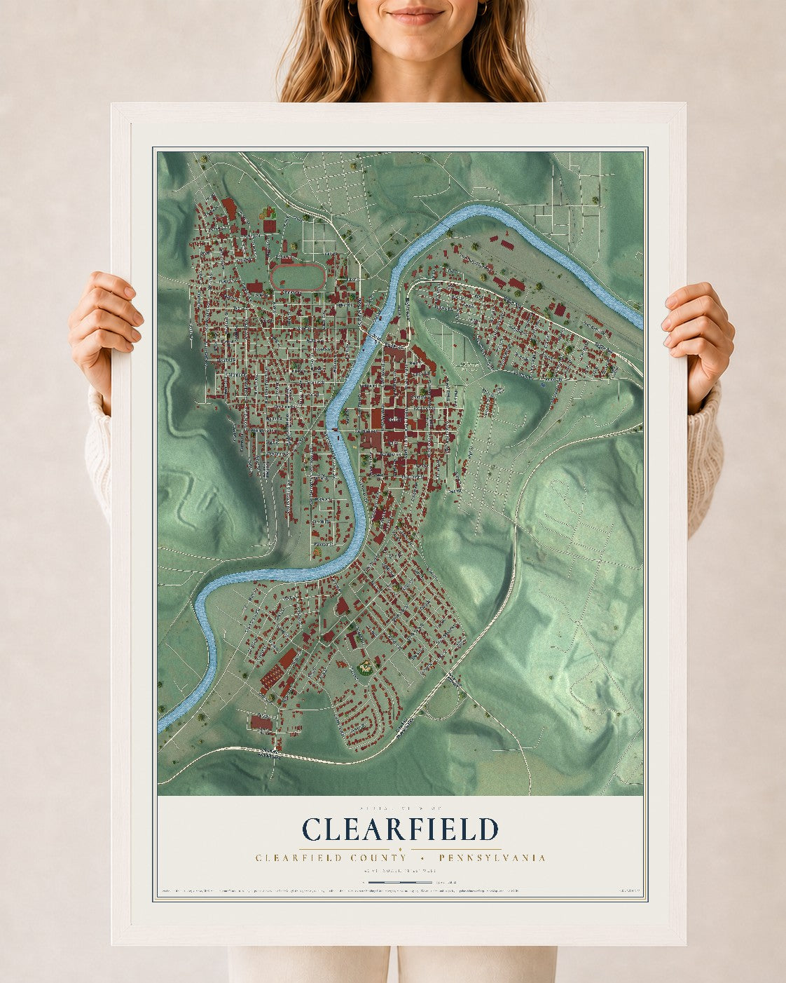 Map of Clearfield, Clearfield County, Pennsylvania, 24 x 36 inch print in a white wood frame