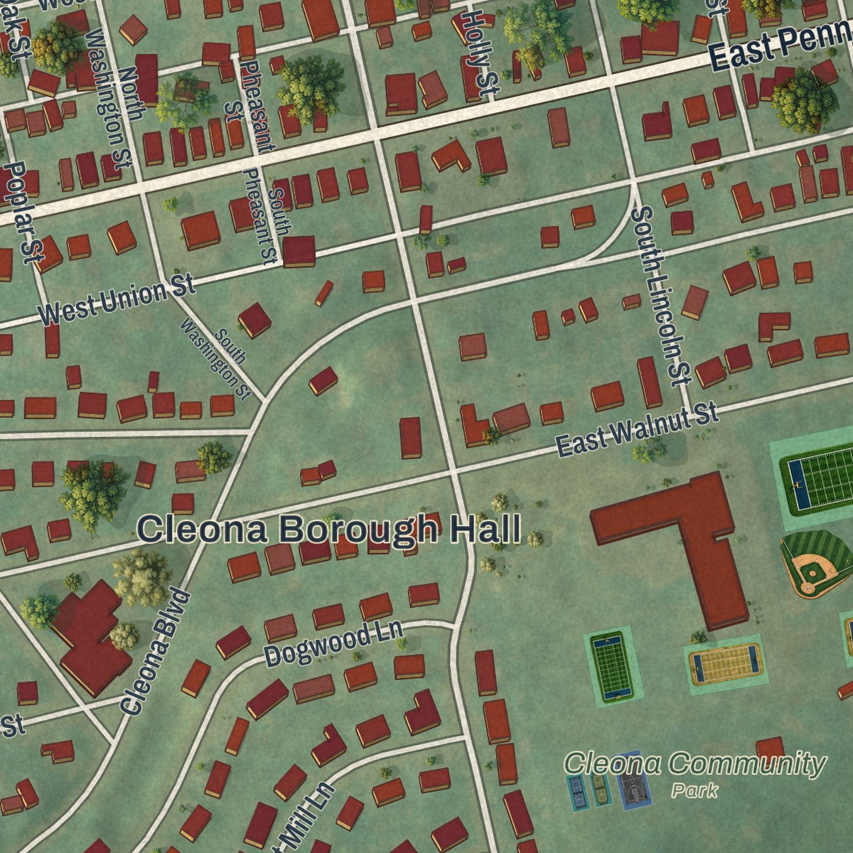 Close-up of the map of Cleona, Pennsylvania print showing street and building detail
