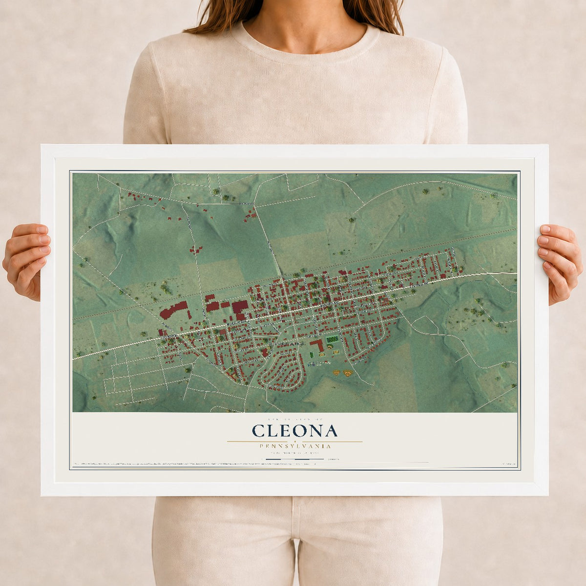 Map of Cleona, Pennsylvania, 12 x 18 inch print in a white wood frame