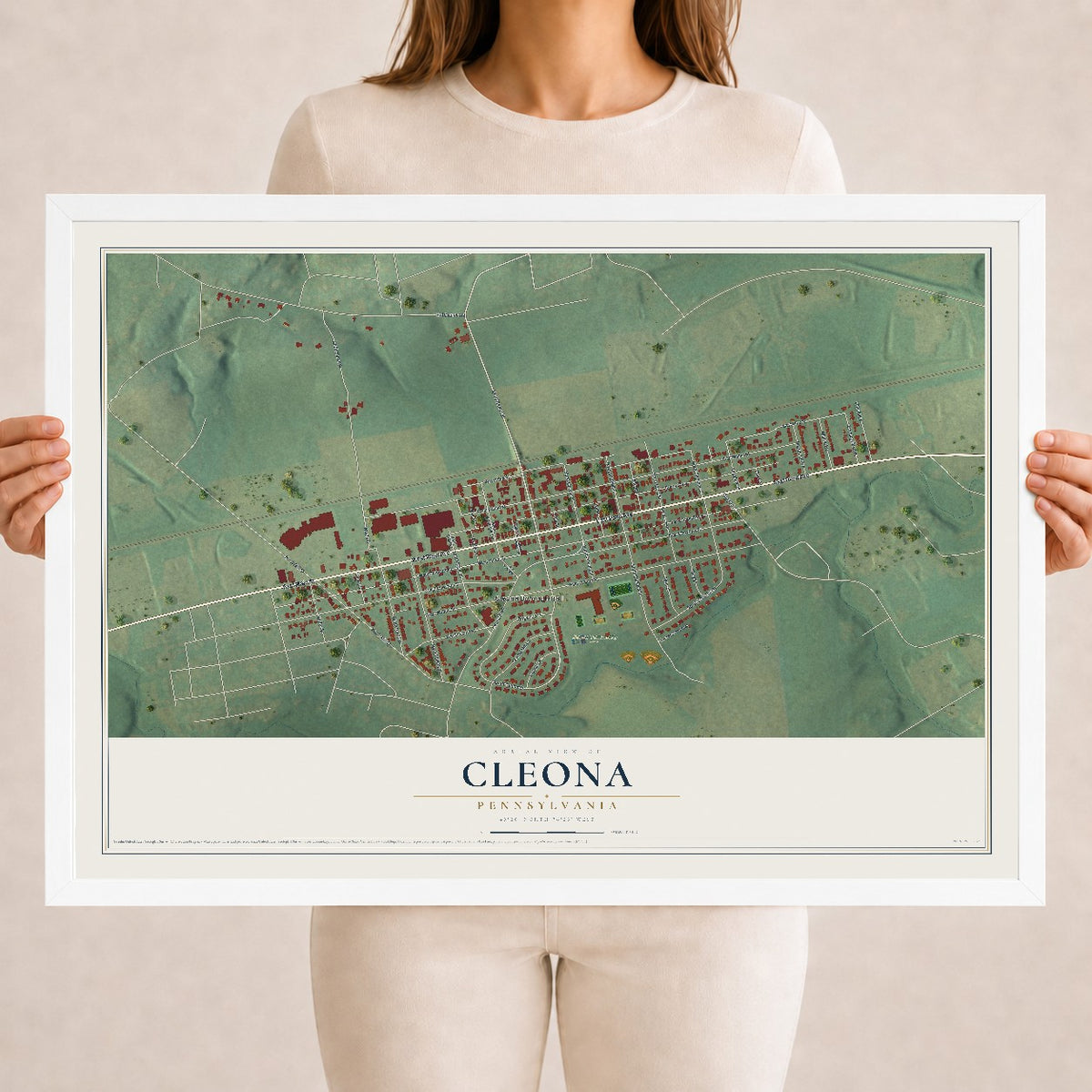Map of Cleona, Pennsylvania, 18 x 24 inch print in a white wood frame