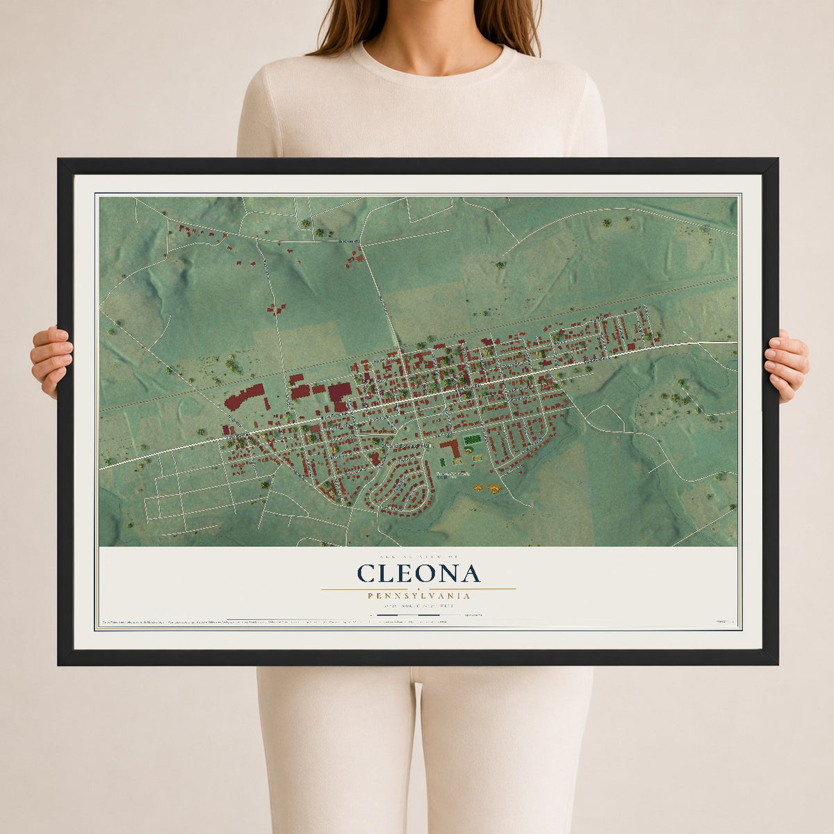 Map of Cleona, Pennsylvania, 24 x 36 inch print in a black wood frame