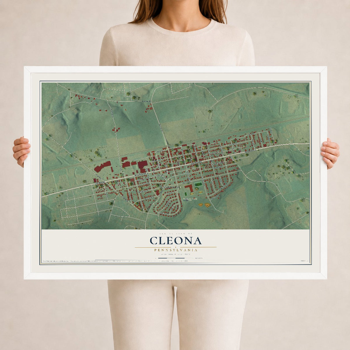 Map of Cleona, Pennsylvania, 24 x 36 inch print in a white wood frame