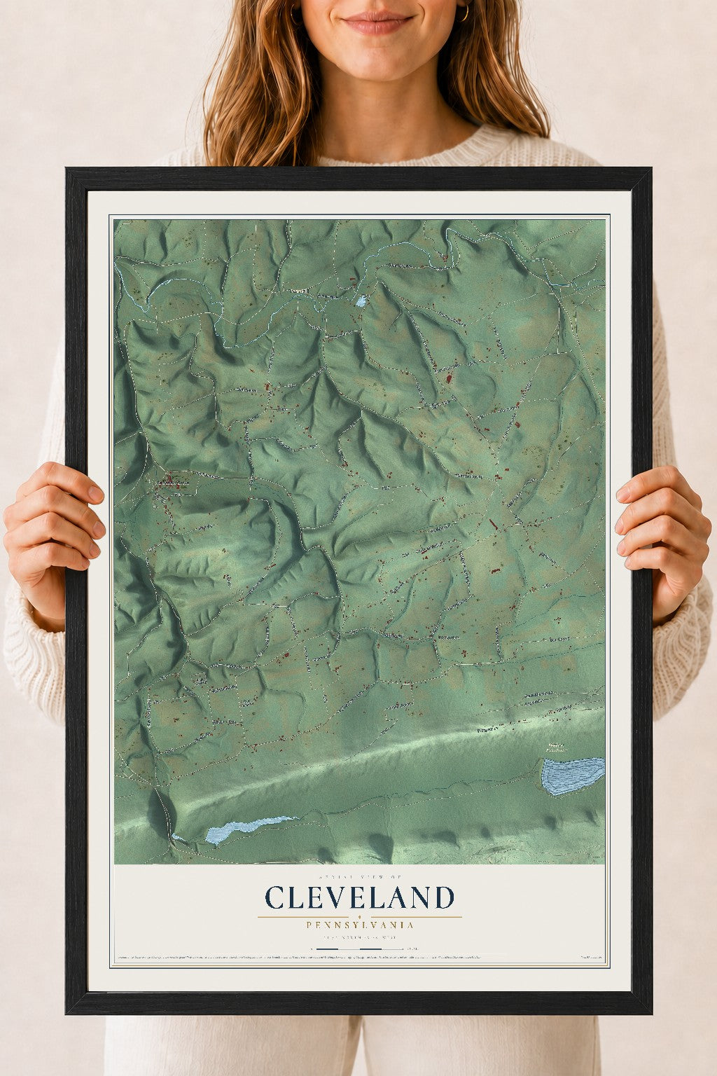 Map of Cleveland, Pennsylvania, 18 x 24 inch print in a black wood frame
