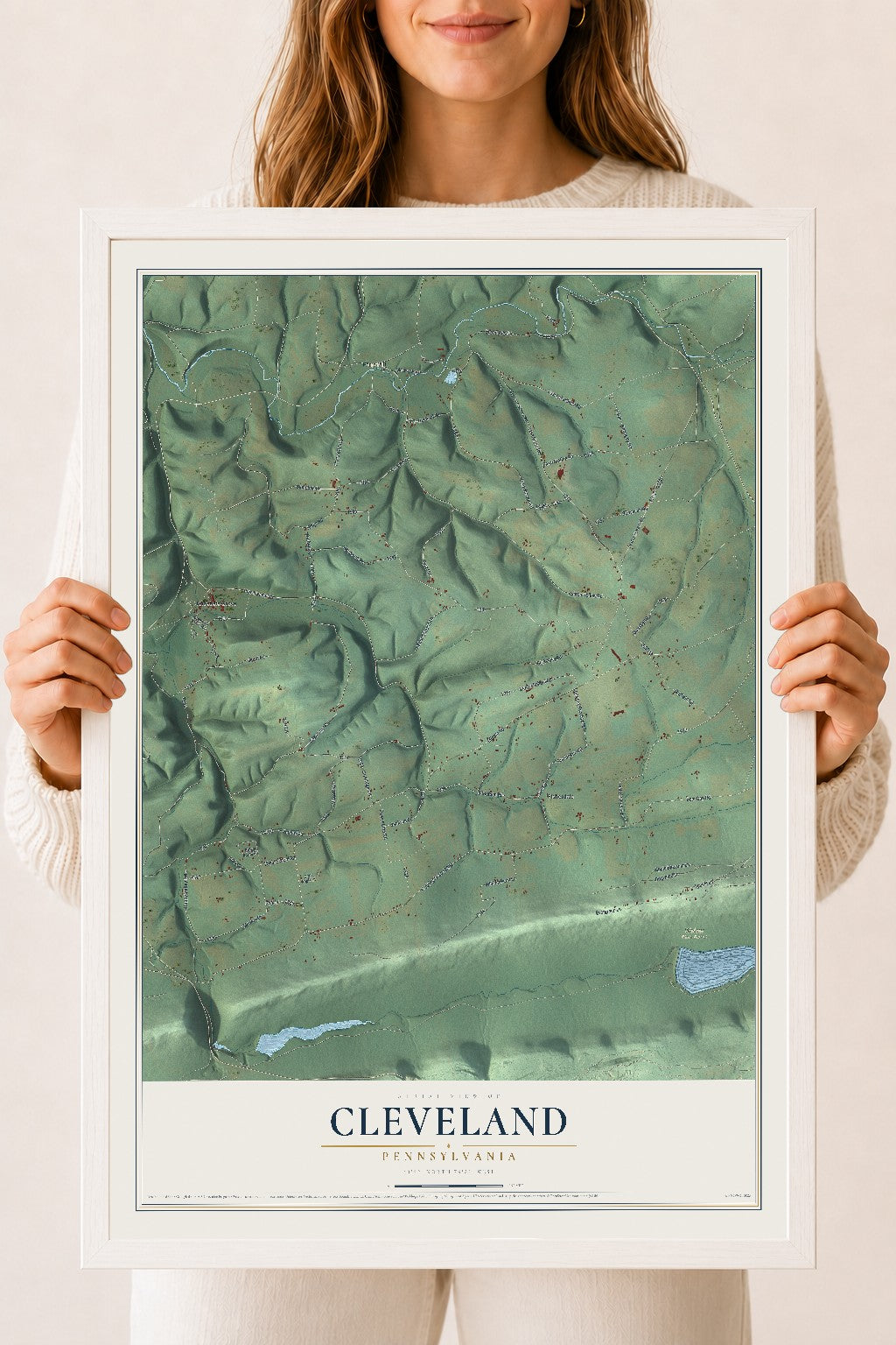 Map of Cleveland, Pennsylvania, 18 x 24 inch print in a white wood frame