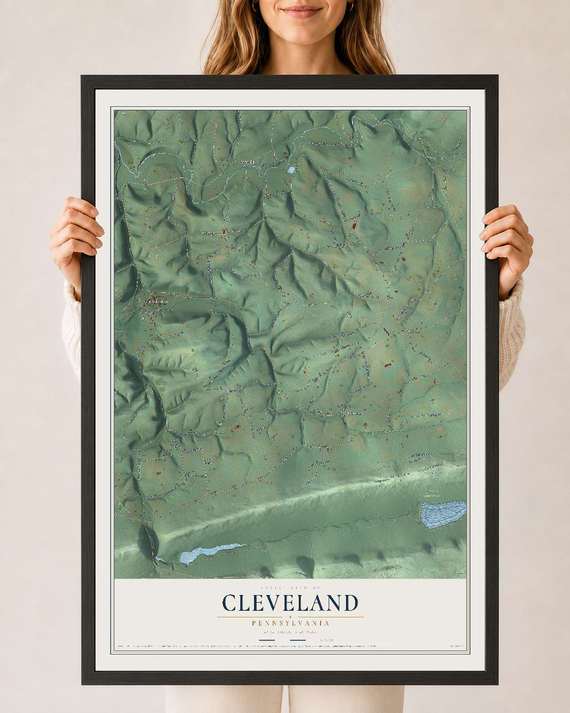 Map of Cleveland, Pennsylvania, 24 x 36 inch print in a black wood frame