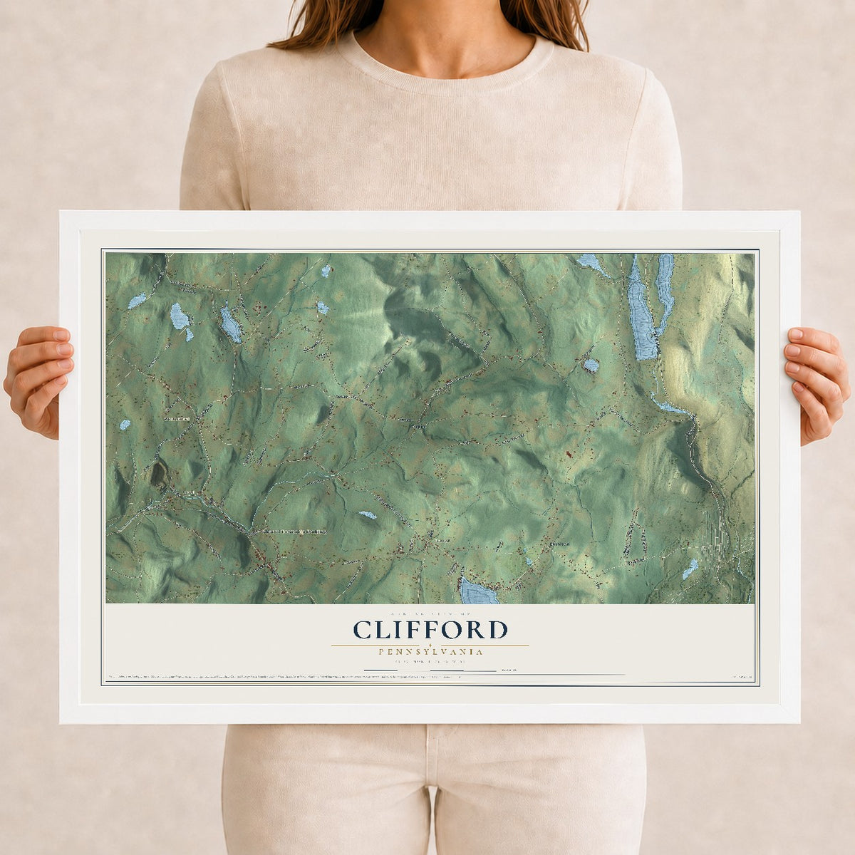 Map of Clifford, Pennsylvania, 12 x 18 inch print in a white wood frame