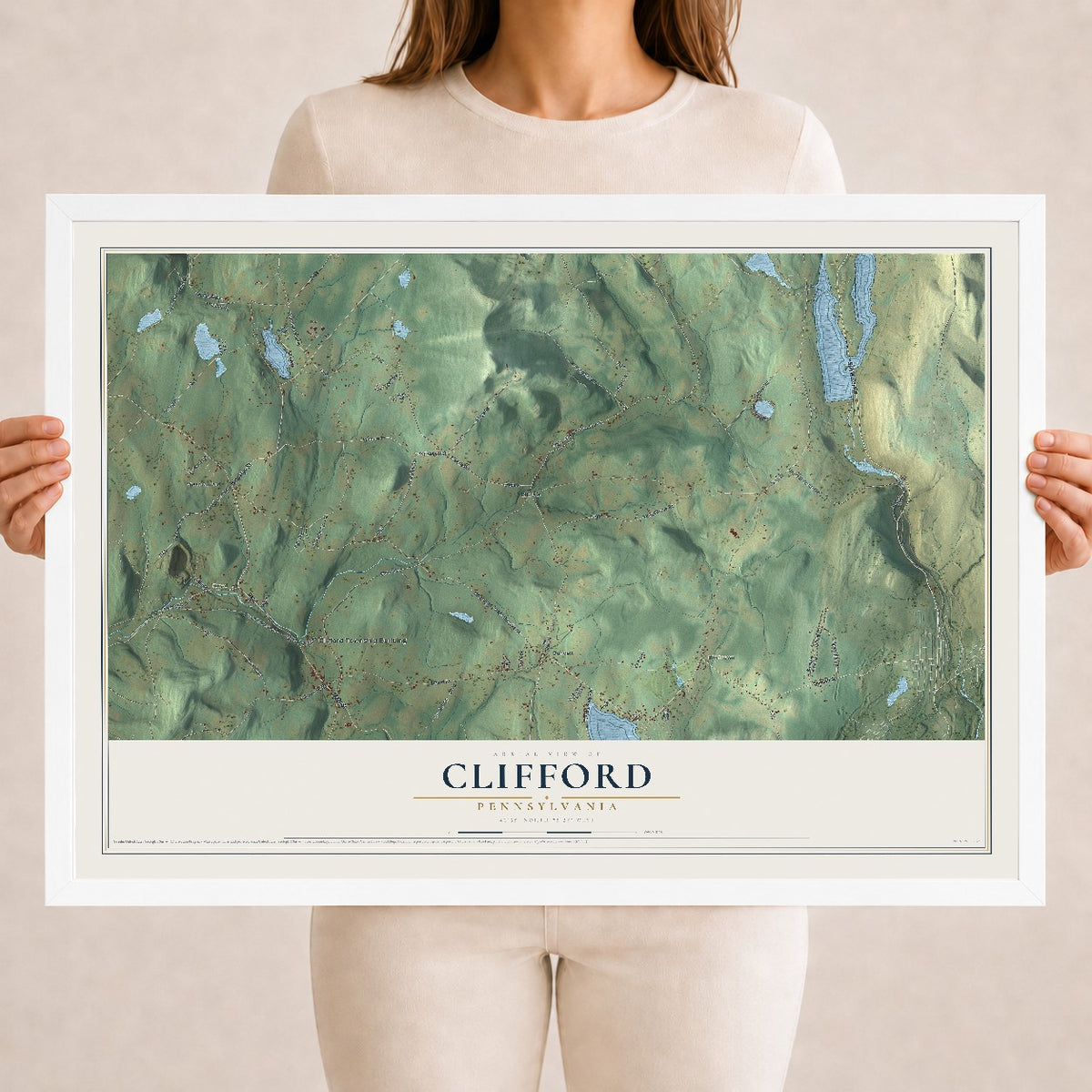 Map of Clifford, Pennsylvania, 18 x 24 inch print in a white wood frame