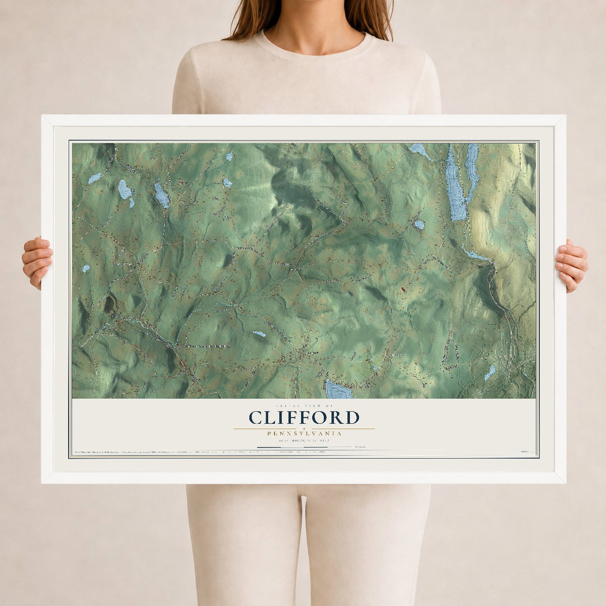 Map of Clifford, Pennsylvania, 24 x 36 inch print in a white wood frame