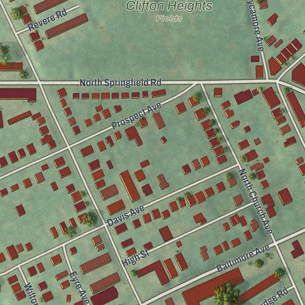 Second close-up of the map of Clifton Heights, Pennsylvania print showing more streets and buildings