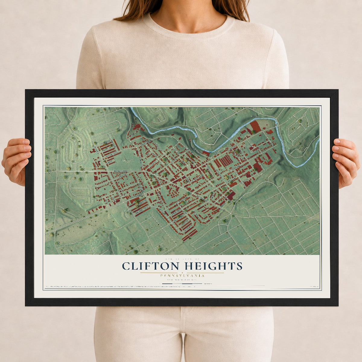 Map of Clifton Heights, Pennsylvania, 12 x 18 inch print in a black wood frame