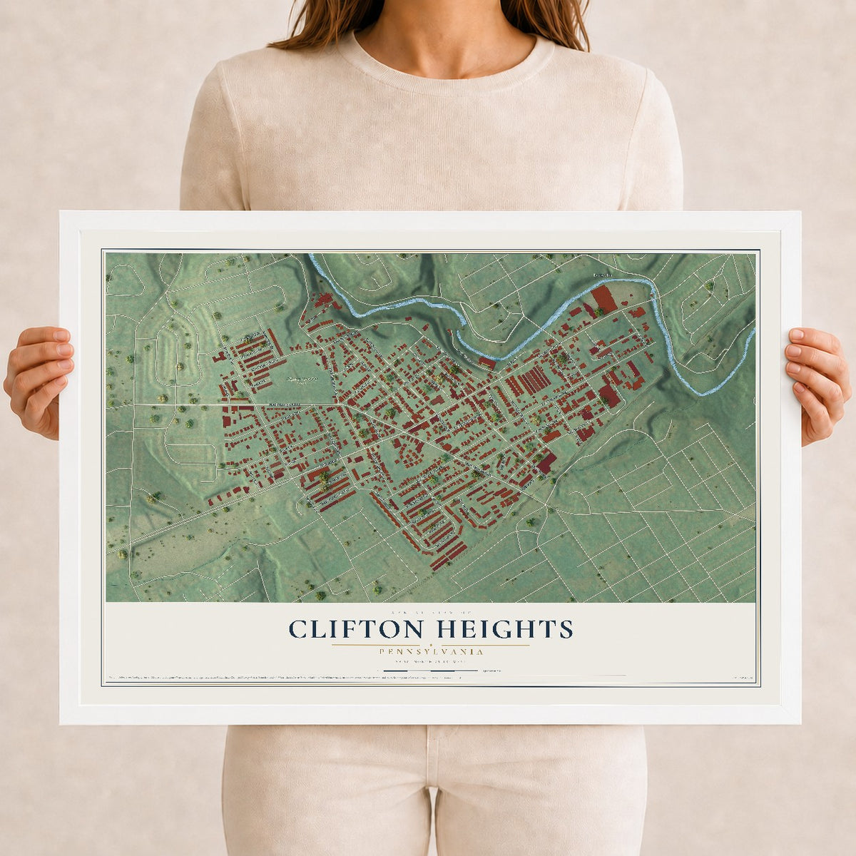 Map of Clifton Heights, Pennsylvania, 12 x 18 inch print in a white wood frame