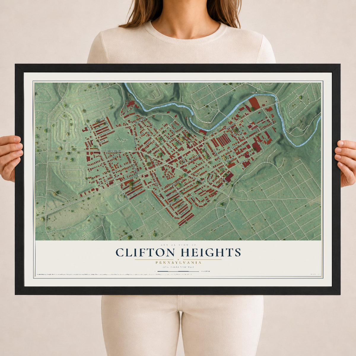 Map of Clifton Heights, Pennsylvania, 18 x 24 inch print in a black wood frame