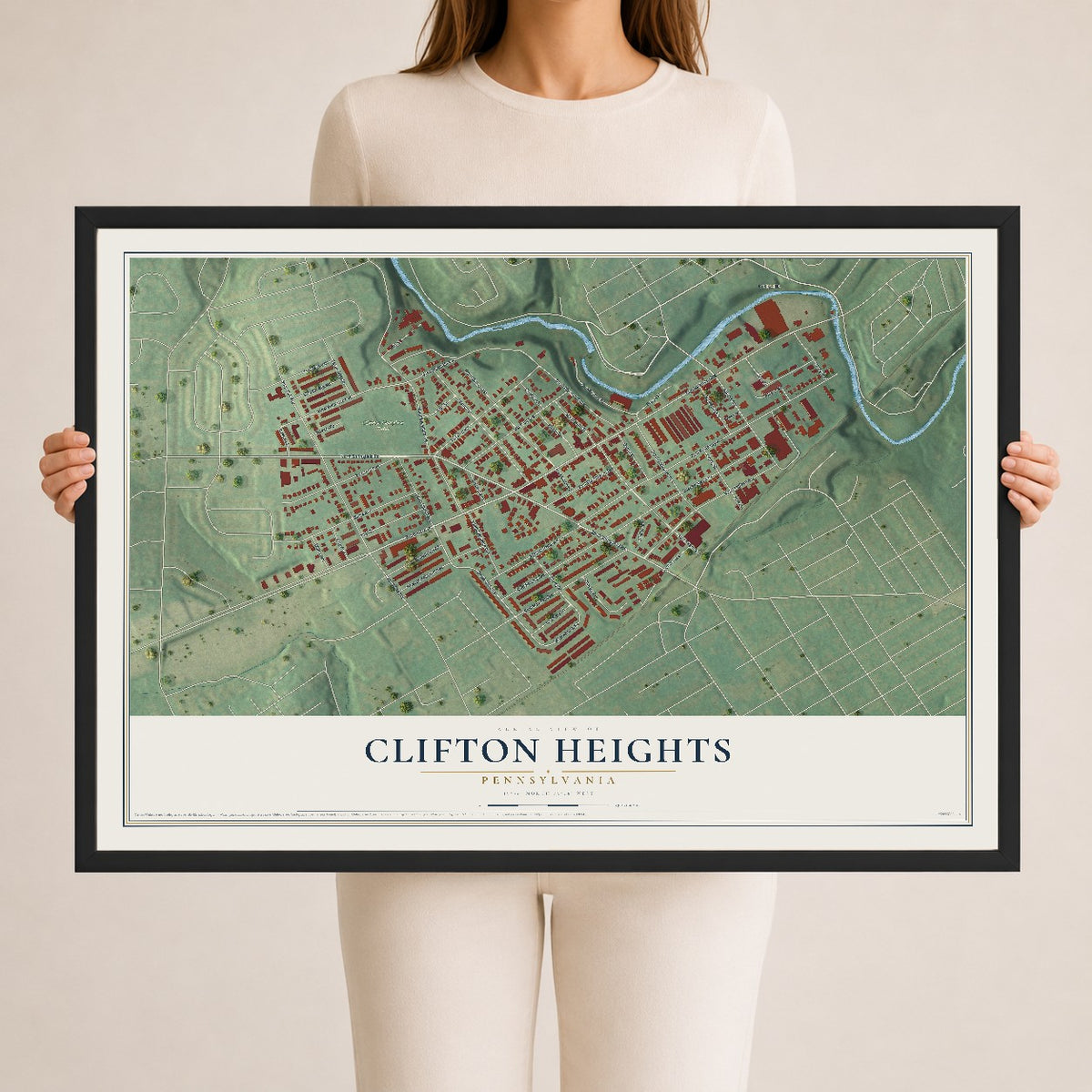 Map of Clifton Heights, Pennsylvania, 24 x 36 inch print in a black wood frame