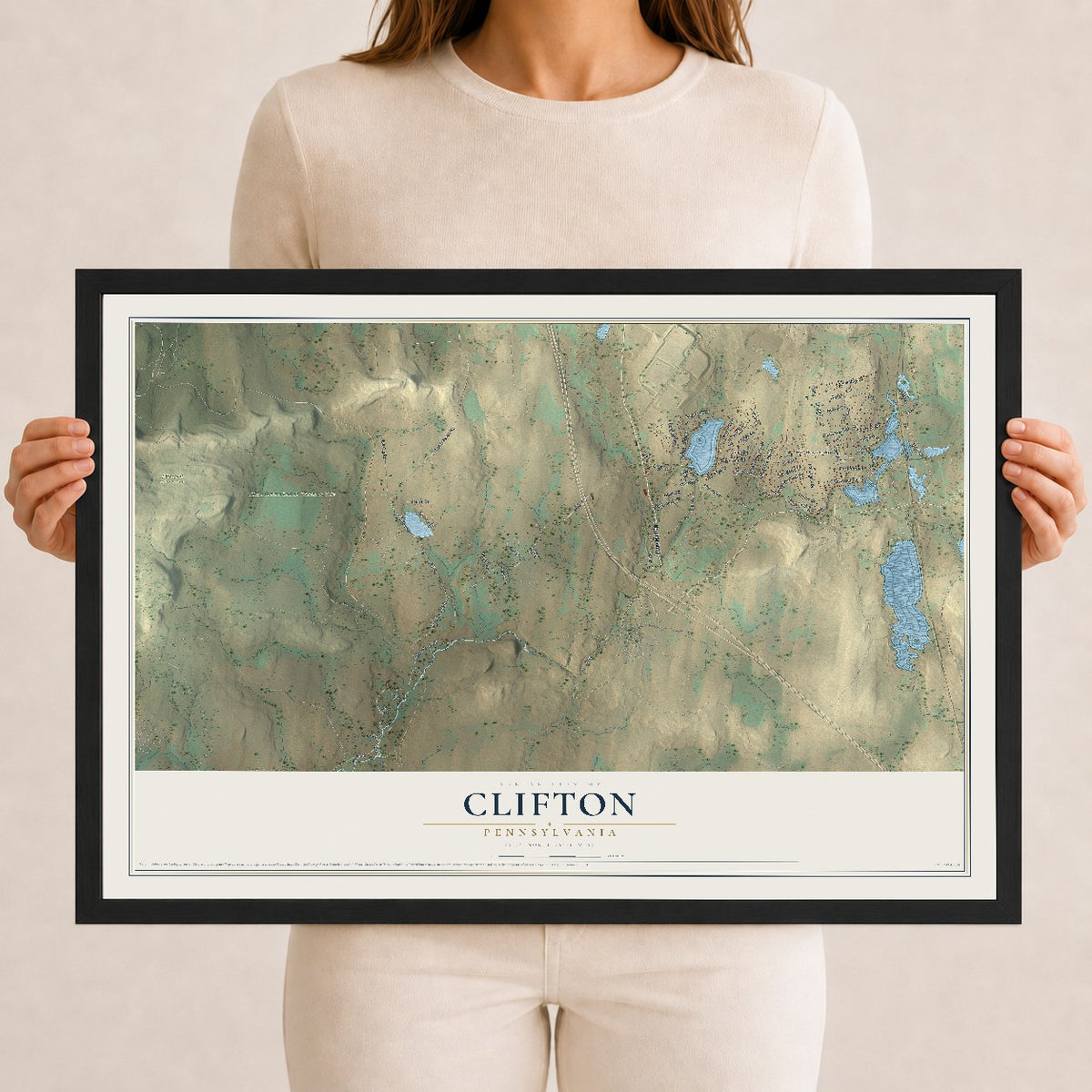 Map of Clifton, Pennsylvania, 12 x 18 inch print in a black wood frame