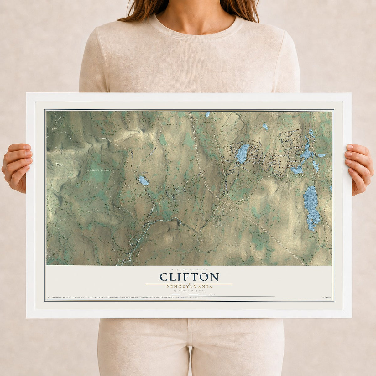 Map of Clifton, Pennsylvania, 12 x 18 inch print in a white wood frame